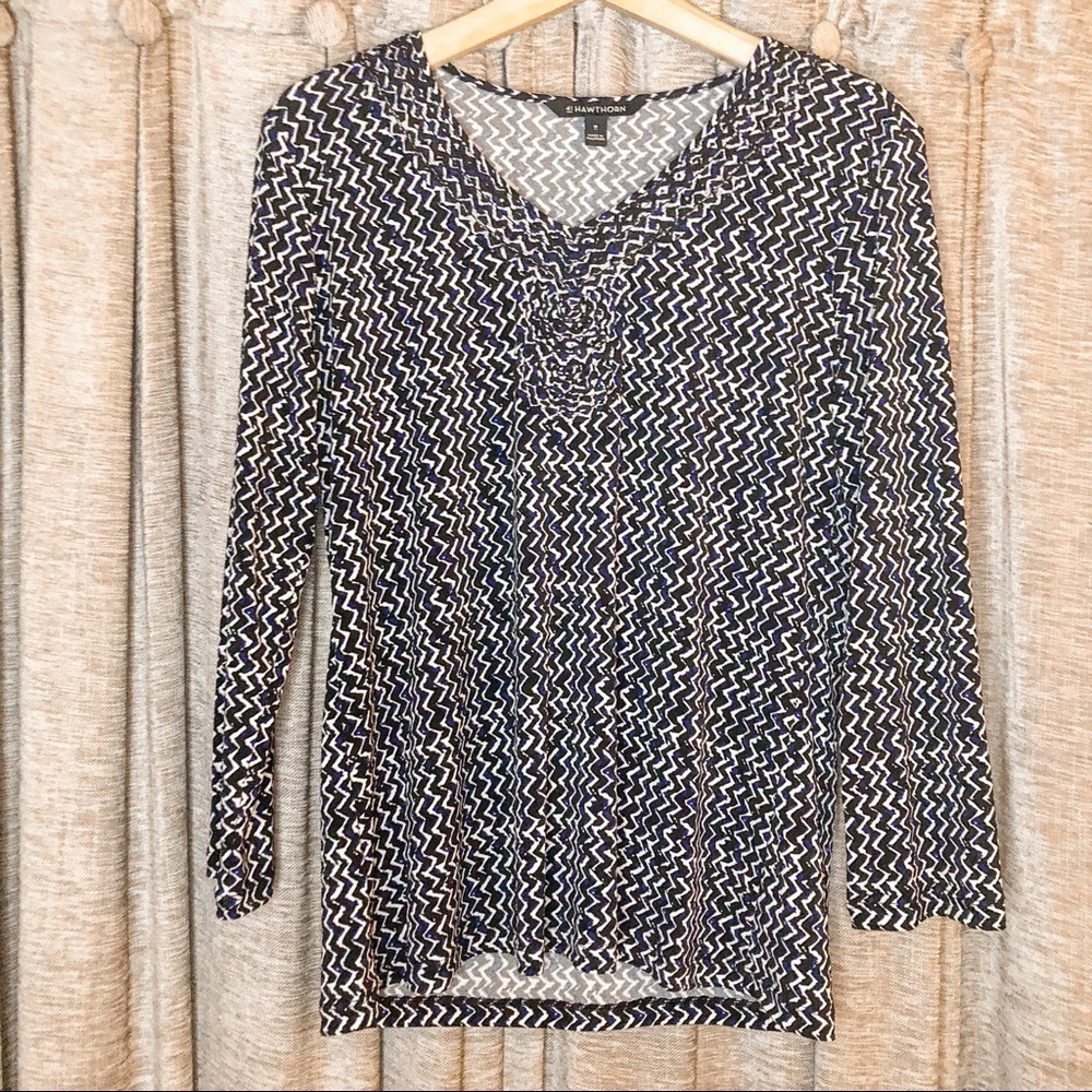 41 Hawthorn Black & Blue Printed Three Quarter Sleeve Knotted Neck Top Medium